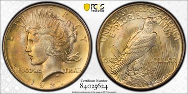1921 $1 High Relief, Peace MS65