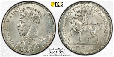 1934-35 Florin Centennial KM-33  Ag MS65