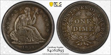 1838 10C No Drapery, Large Stars F-106 MS64