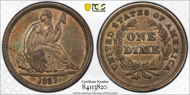 1837 10C Seated, Large Date AU55
