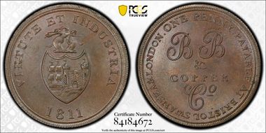 1811 Tk 1D Somerset Withers-442 Bristol Brass and Copper Co. MS65+ BN