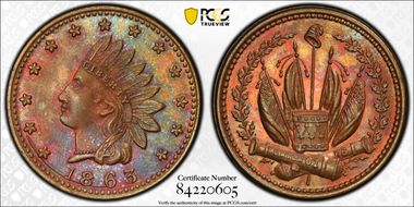 1863 Token F-79/351a Copper Indian - Crossed Cannons MS64RB