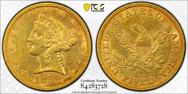 1858 $5 AU53
