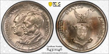 1936-M Peso Roosevelt-Quezon KM-177  Ag MS65