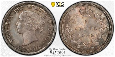 1858 5C Large Date RP3 MS65