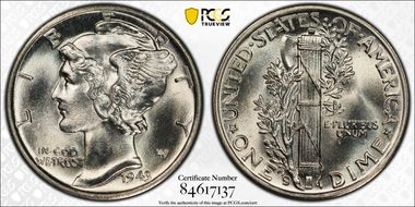 1943-S 10C Trumpet Tail MM FS-511 MS66