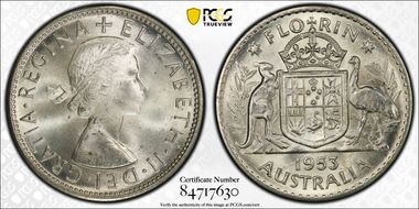 1953(m) Florin Small Rev. Denticles KM-54  Ag MS65