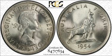 1954(m) Florin Royal Visit KM-55  Ag MS65
