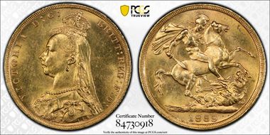 1889-M Sov S-3867B DISH M12 2nd Obv. Angled J MS63