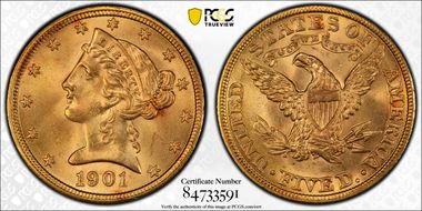1901 $5 MS66