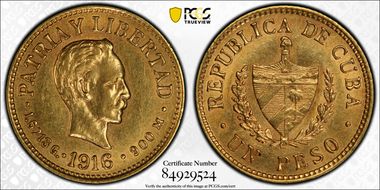 1916 Peso KM-16  Au AU58