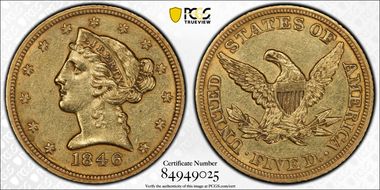 1846 $5 Small Date AU53