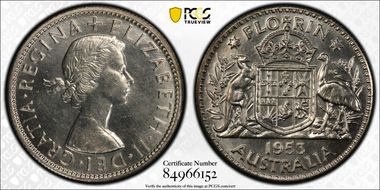 1953(m) Florin Small Rev. Denticles KM-54  Ag MS64