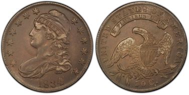 1834 50C O-107 Lg Date, Sm Letters XF40