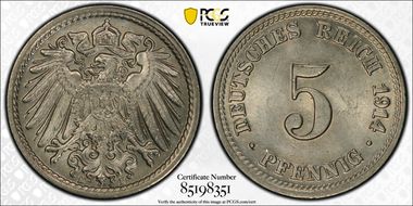 1914-D 5 Pfg J-12 MS64