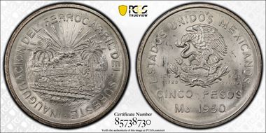 1950-Mo 5 Peso Southeastern Railroad KM-466  Ag MS64+ 