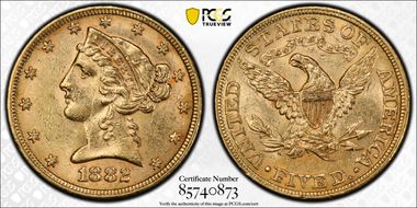 1882 $5 MS62