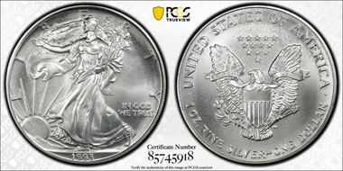 1993 $1 Silver Eagle MS68