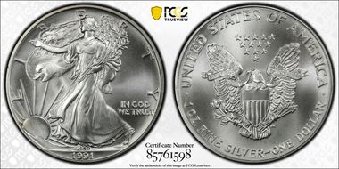 1991 $1 Silver Eagle MS68