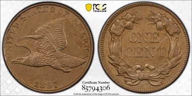 1857 1C Flying Eagle AU58