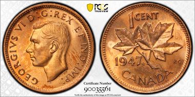 1947 1C Maple Leaf Pointed 7 MS66RD