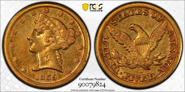 1859-D $5 Medium D XF40