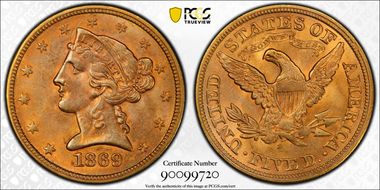 1869-S $5 MS62+