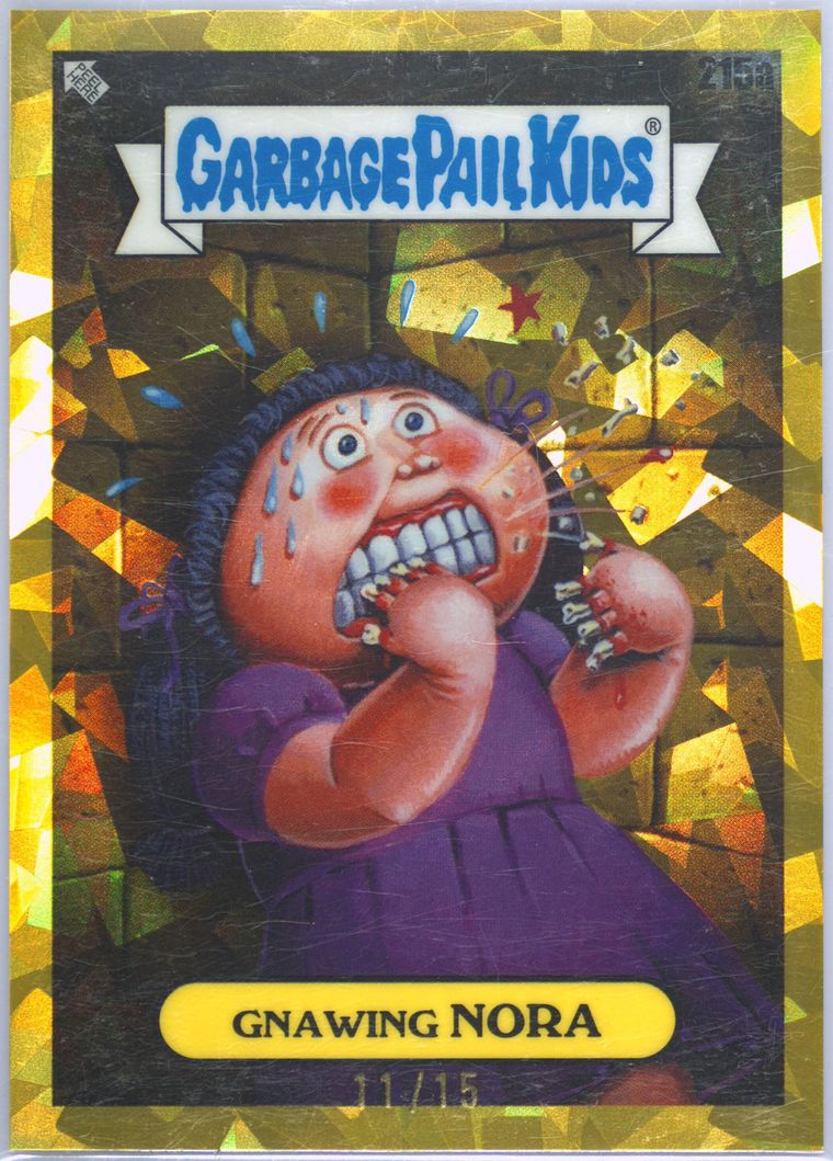 2023 Topps Garbage Pail Kids Sapphire Edition Gold #215a Gnawing Nora front