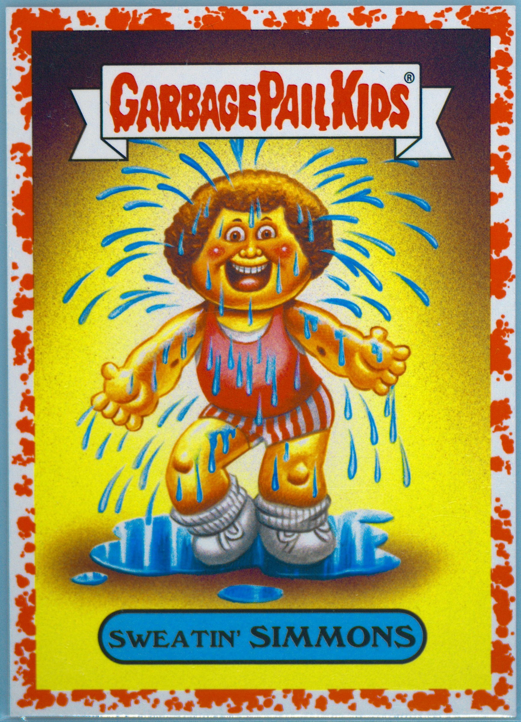 2018 Topps Garbage Pail Kids Series 1 80'S Celebrities Stickers Bloody Nose #6b Sweatin' Simmons front