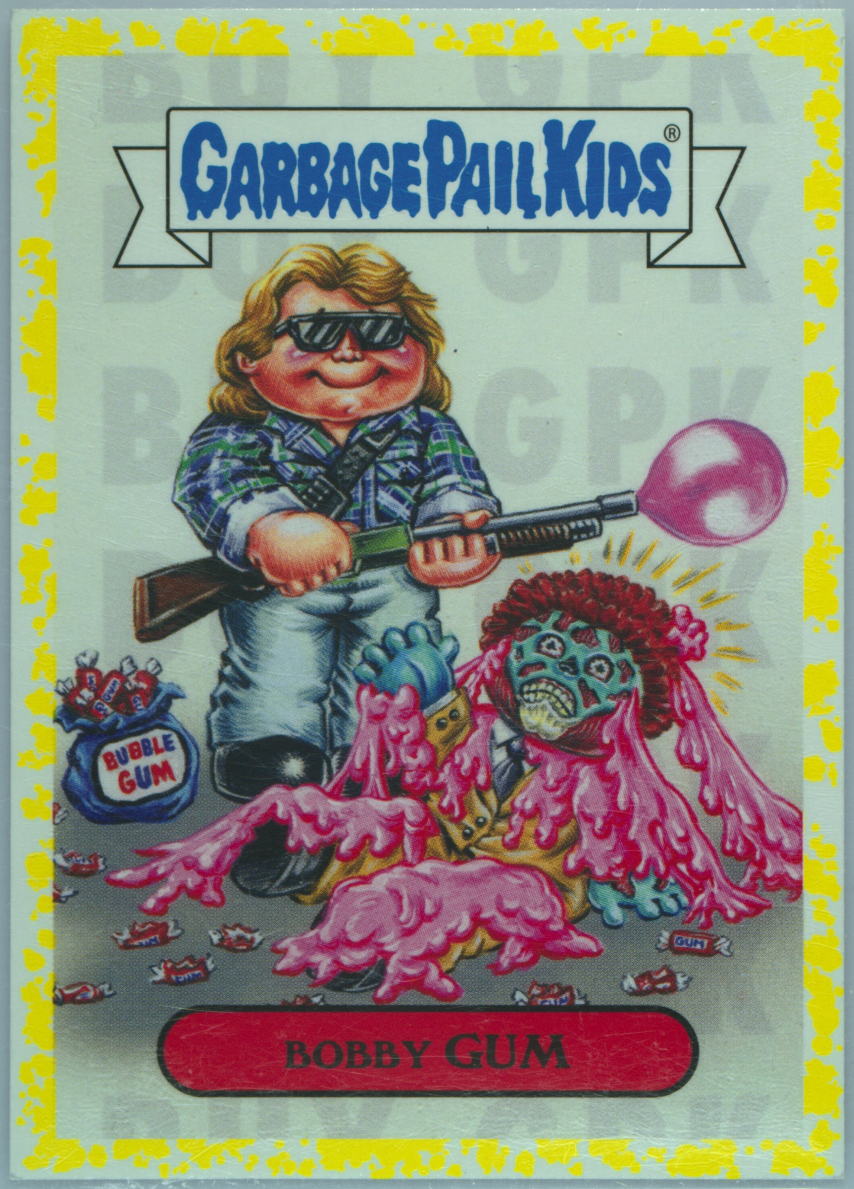 2019 Topps Garbage Pail Kids Series 2 Revenge Of Oh, The Horror-Ible '80s Horror Sticker Yellow #14a Bobby Gum front