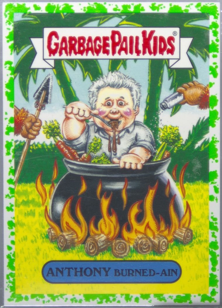 2016 Topps Garbage Pail Kids Trashy Tv Food Tv Series Sticker Booger Green #1a Anthony Burned-Ain front