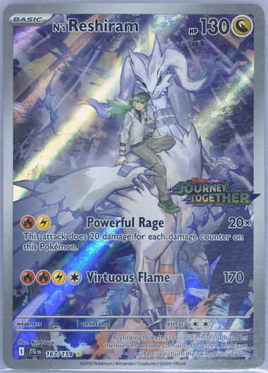 n reshiram pokemon card Amazon.com: Pokemon - N's Reshiram 167/159 Stamped Promo - Journey Together  – Box Topper – Illustration Card main image 1