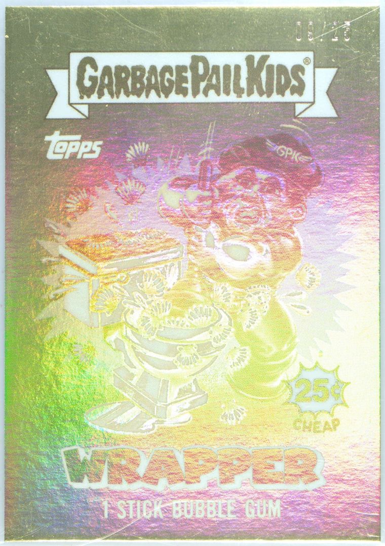 2025 Topps Garbage Pail Kids Intergoolactic Mayhem Wrapper Art Gold Foil #16 Demolished John/Shelled Sylvester front