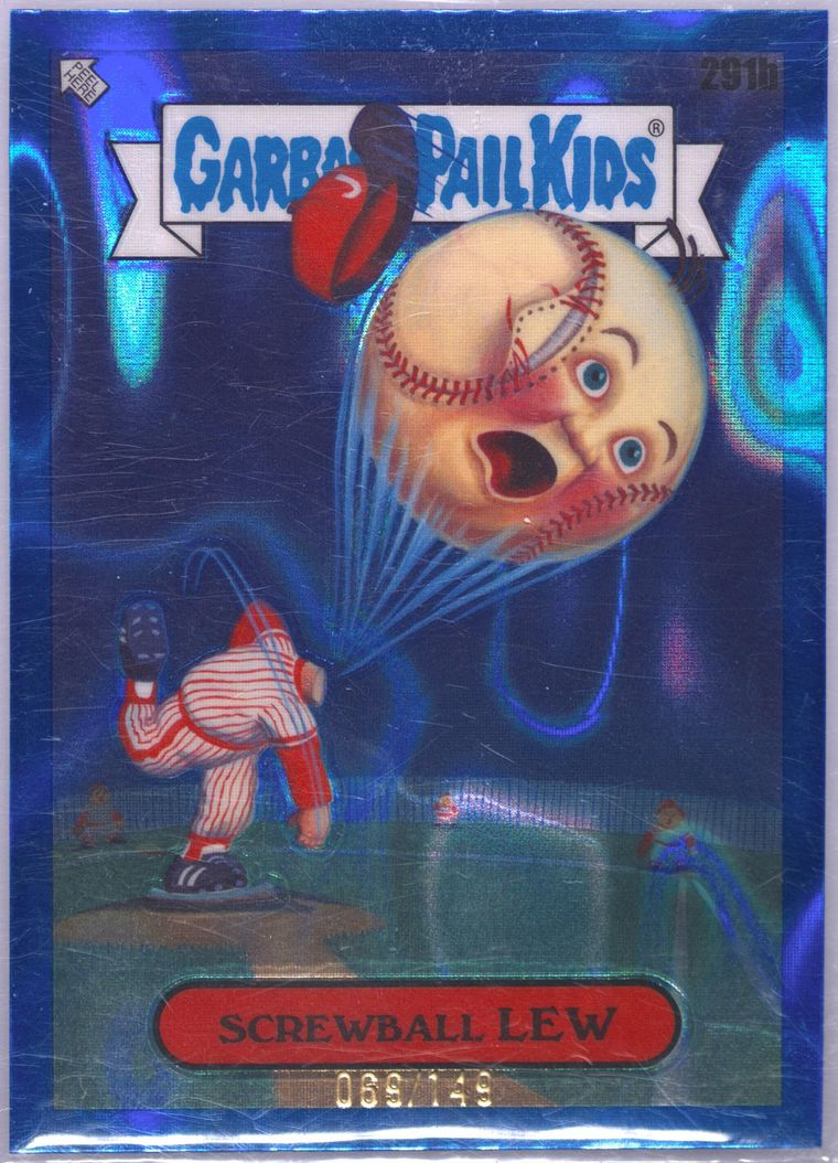 Screwball Lew #291B Blue Lava Refractor /149 PSA 10 Garbage Pail Kids card front