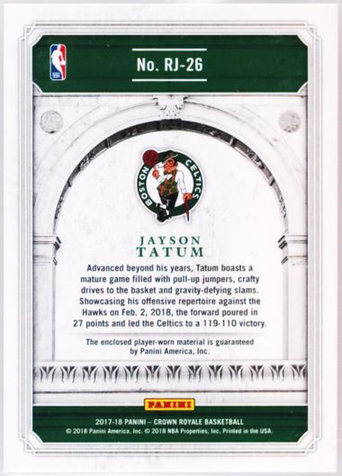 2017-18 Jayson deals Tatum Crown Royale Rookie Jersey RJ-26