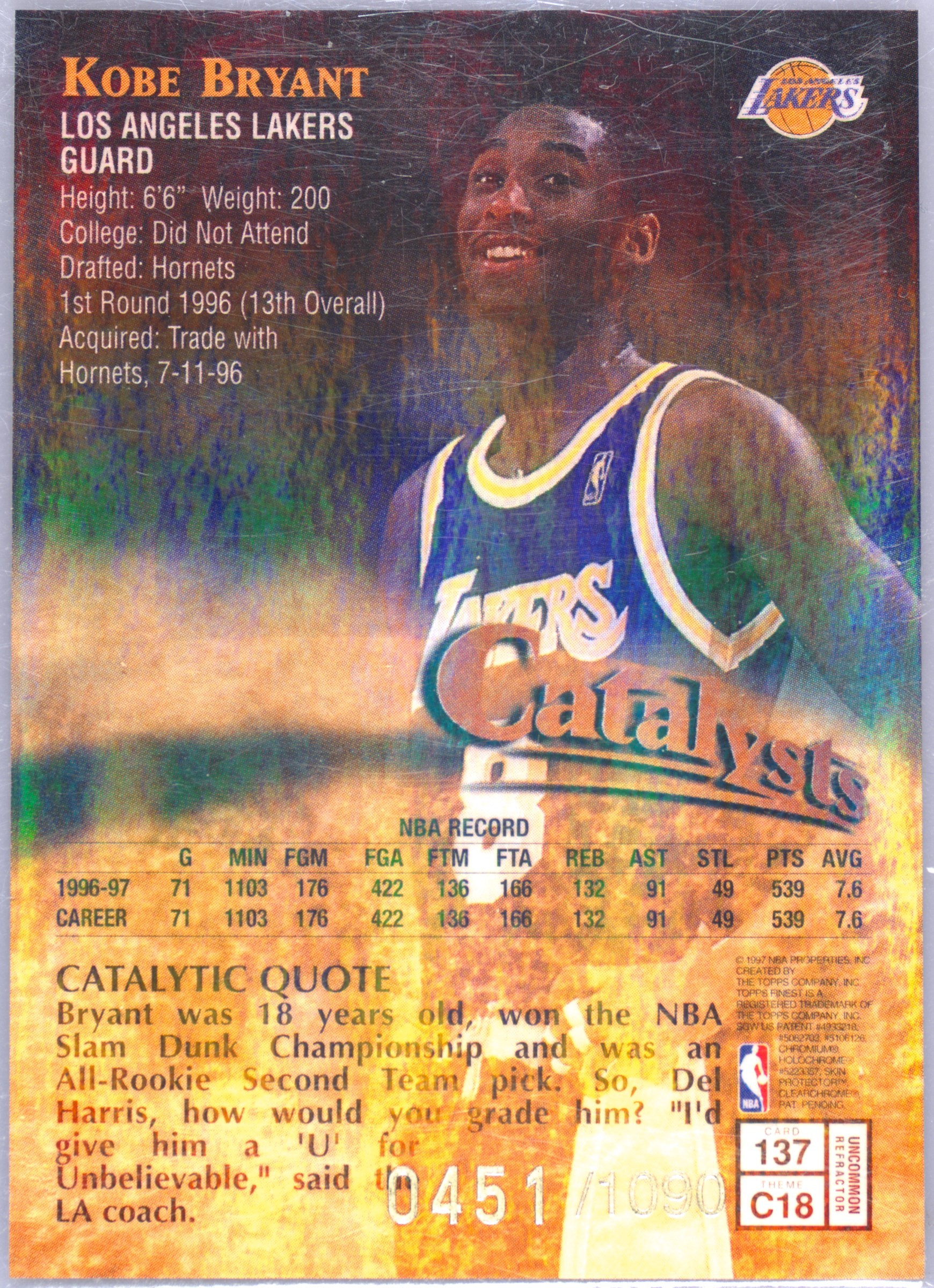 1997-98 Topps Finest Kobe Bryant 137 BGS