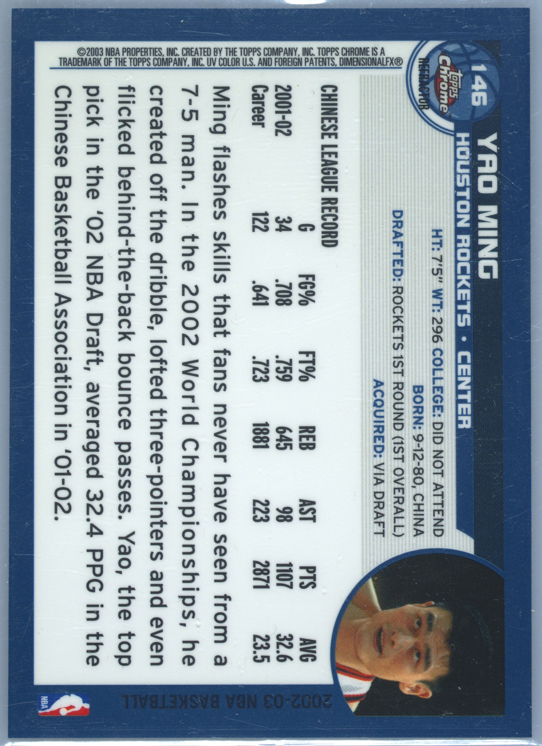 Spec Details 2002 Topps Chrome Yao Ming #146 PSA9 RC