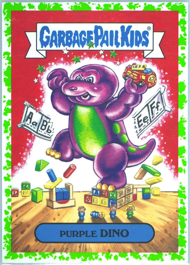 2019 Topps Garbage Pail Kids We Hate The '90s Puke Green #17b Purple Dino front