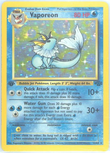 英語版初期　ポケモンカード　Vaporeon holo 1st Edition 1999 Pokemon Jungle Vaporeon 12/64 Holo 1st Edition GEM MINT