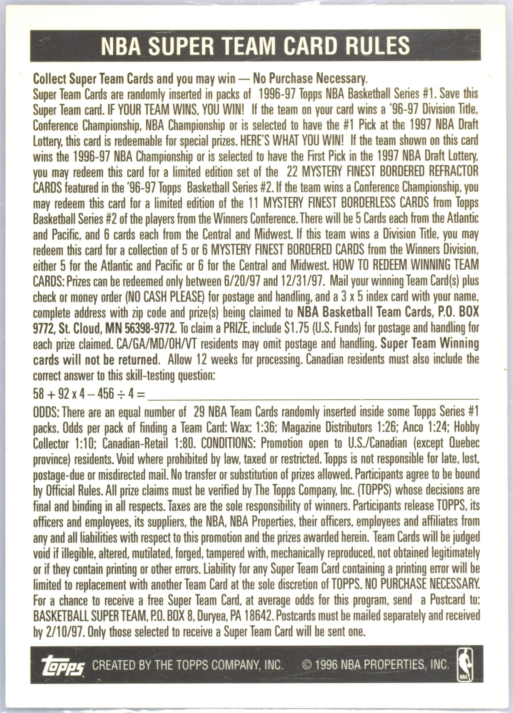 その他 NBA SUPER TEAM CARD RULES Spec Details