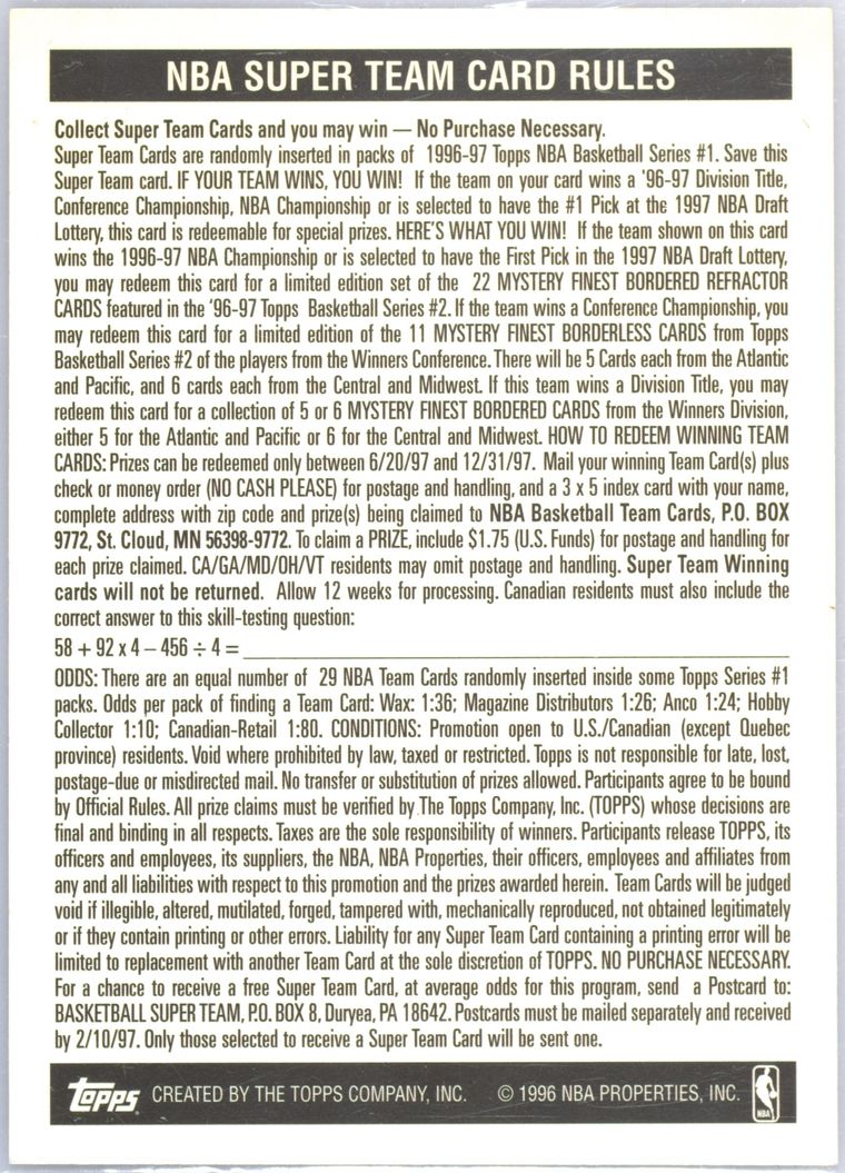 その他 NBA SUPER TEAM CARD RULES Spec Details