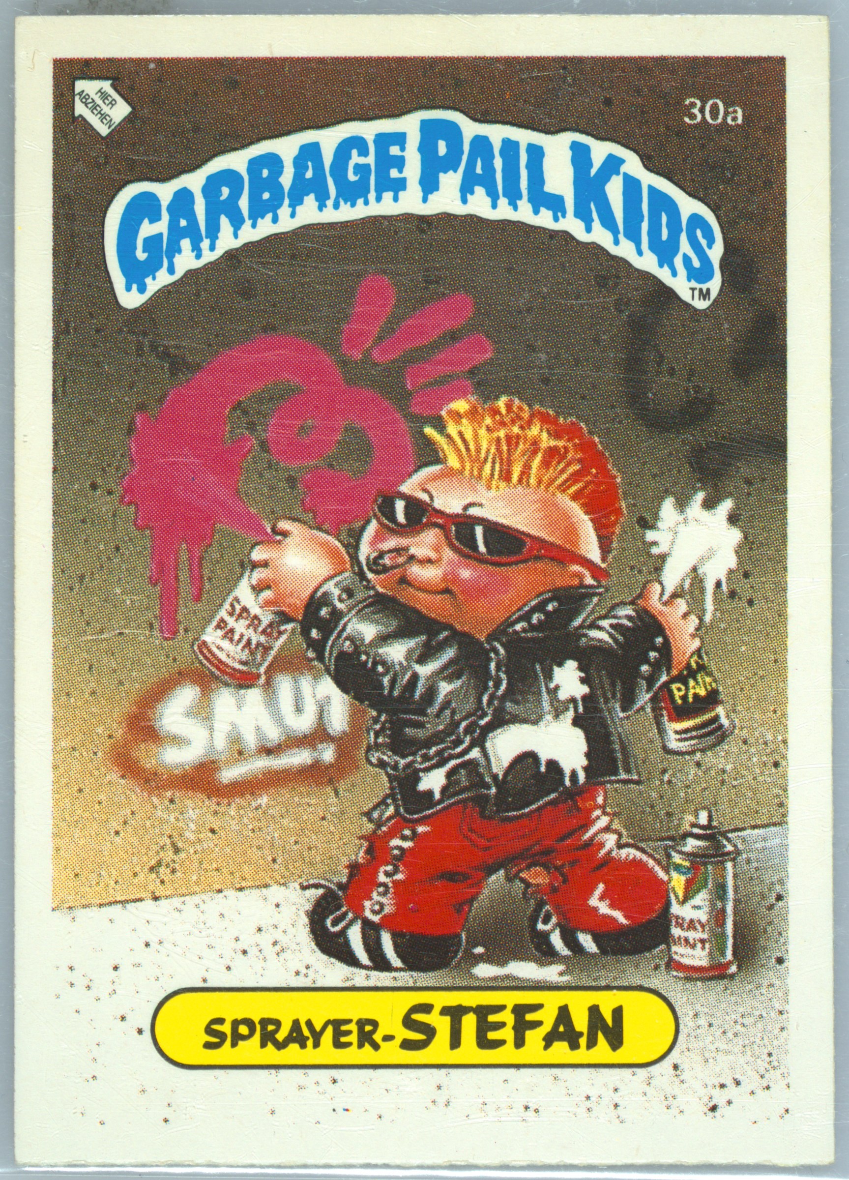 1986 Topps Garbage Pail Kids Stickers-Mini German #30a Sprayer-Stefan front