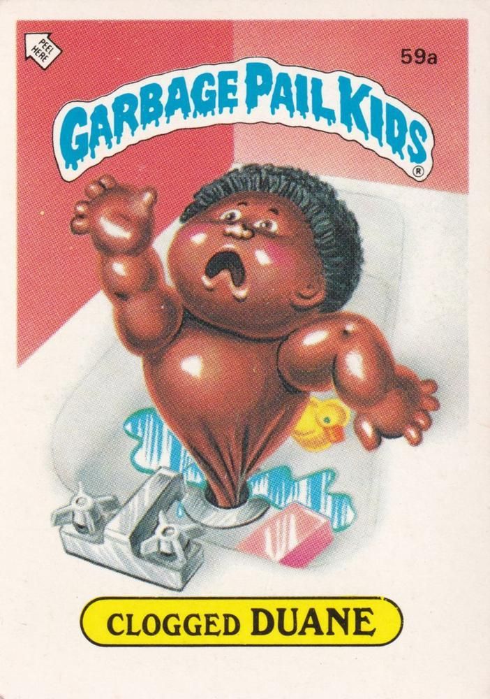 1986 Topps Garbage Pail Kids Stickers-U.K. Minis #59a Clogged Duane front