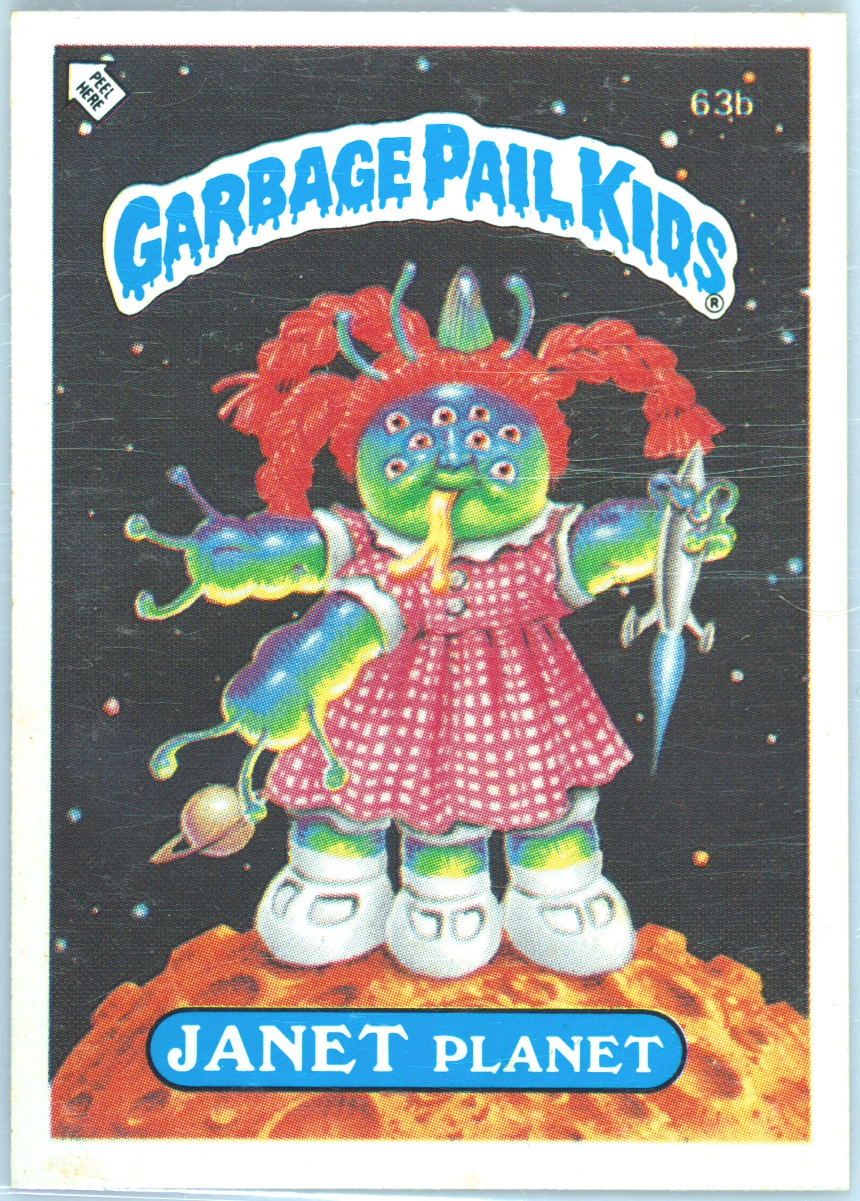 1986 Topps Garbage Pail Kids Stickers-U.K. Minis #63b Janet Planet front