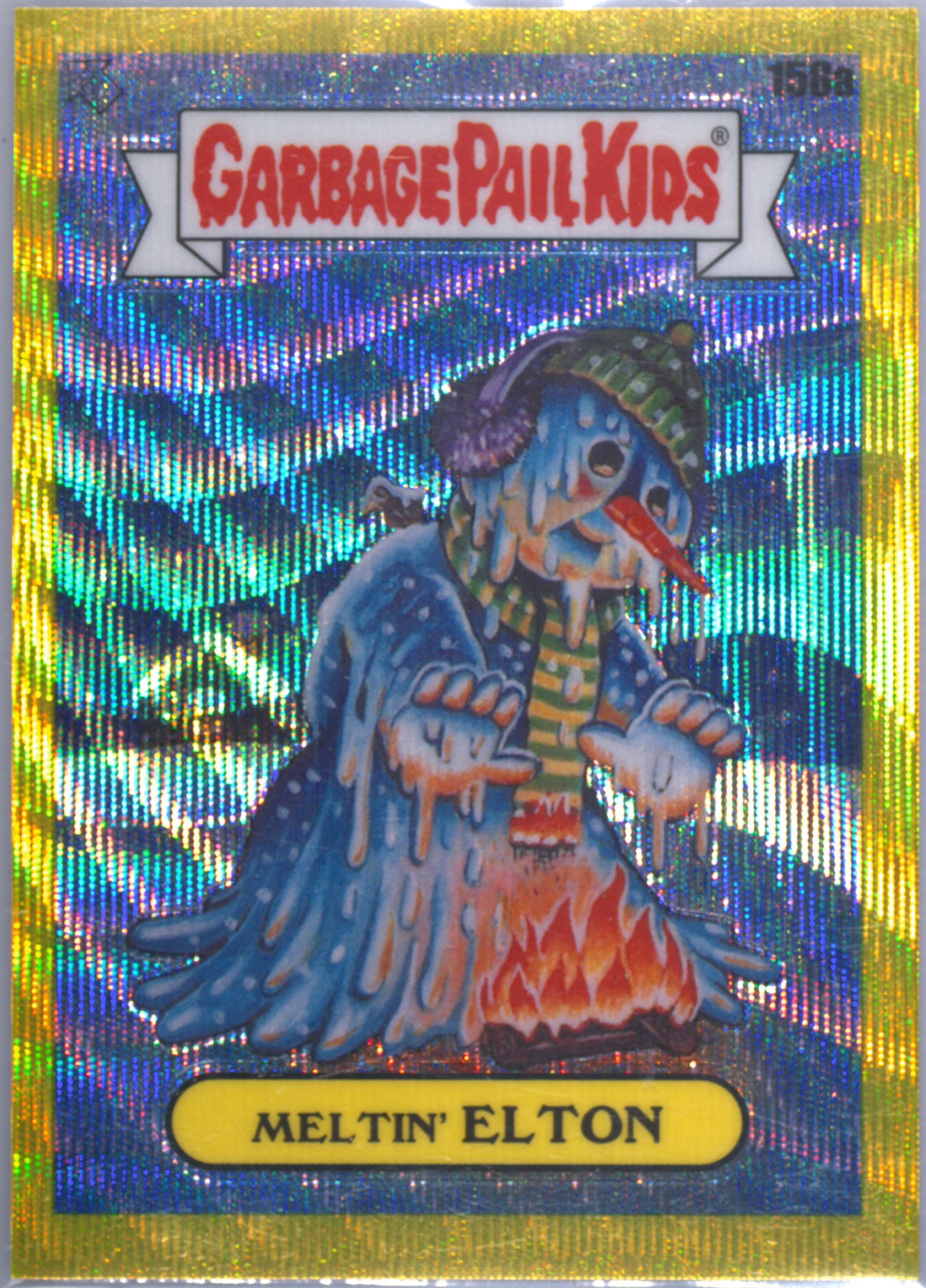 2021 Topps Garbage Pail Kids Chrome Yellow Wave Refractor #158a Meltin' Elton front