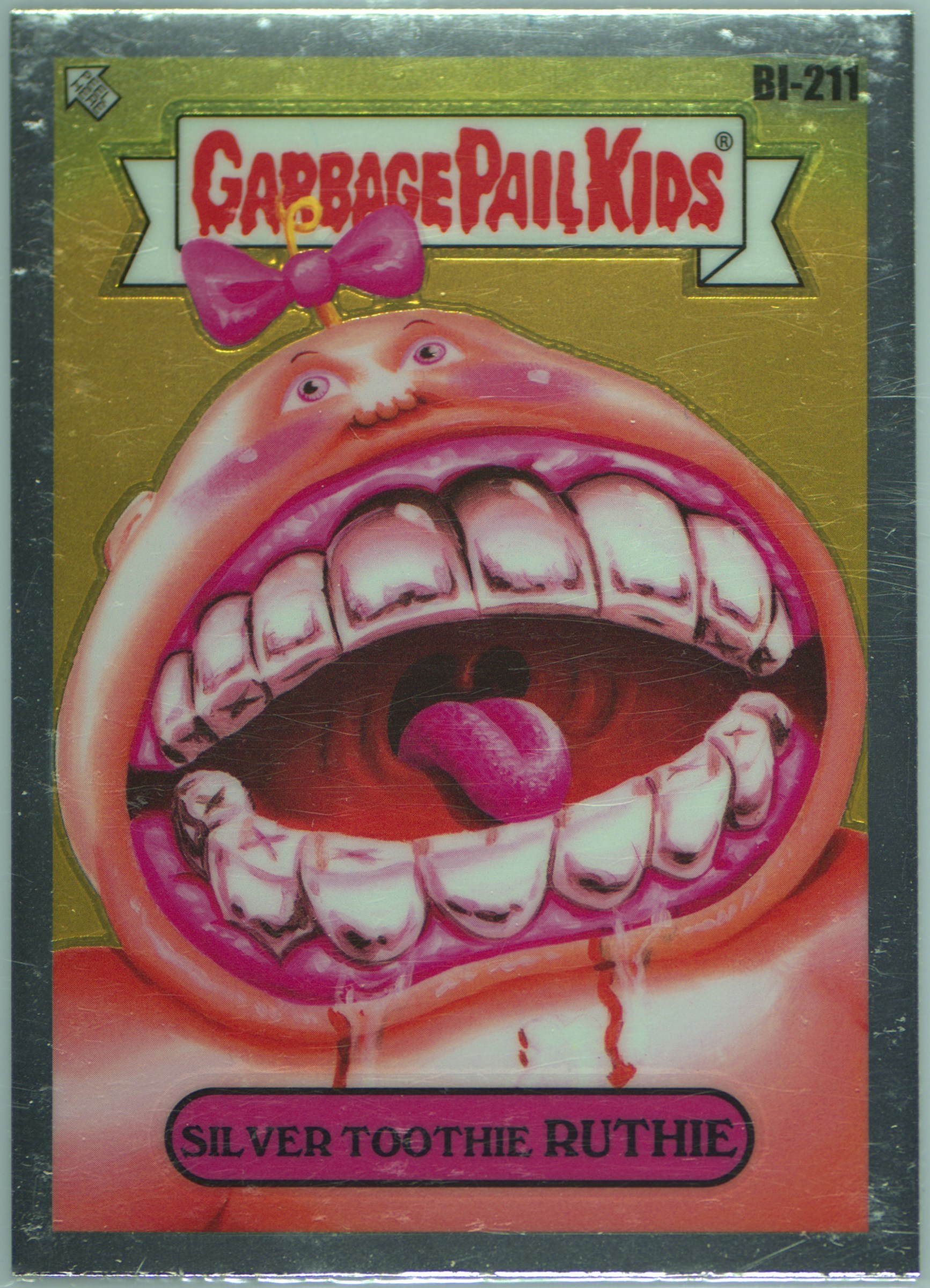 2022 Topps Garbage Pail Kids Chrome No Blue Ink #bi-211 Silver Toothie Ruthie front