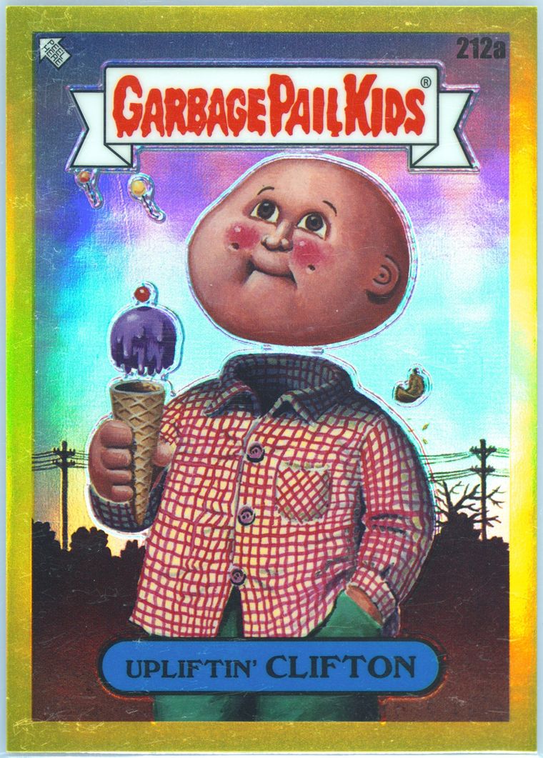 2023 Topps Garbage Pail Kids Chrome Yellow #212a Tom Bunk/Upliftin' Clifton front