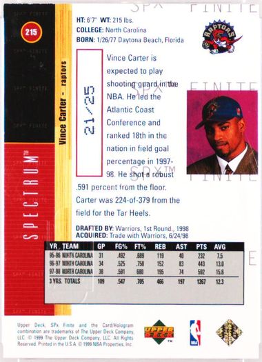 1998 SPX FINITE #215 VINCE CARTER PSA 10 GEM MINT SERIAL