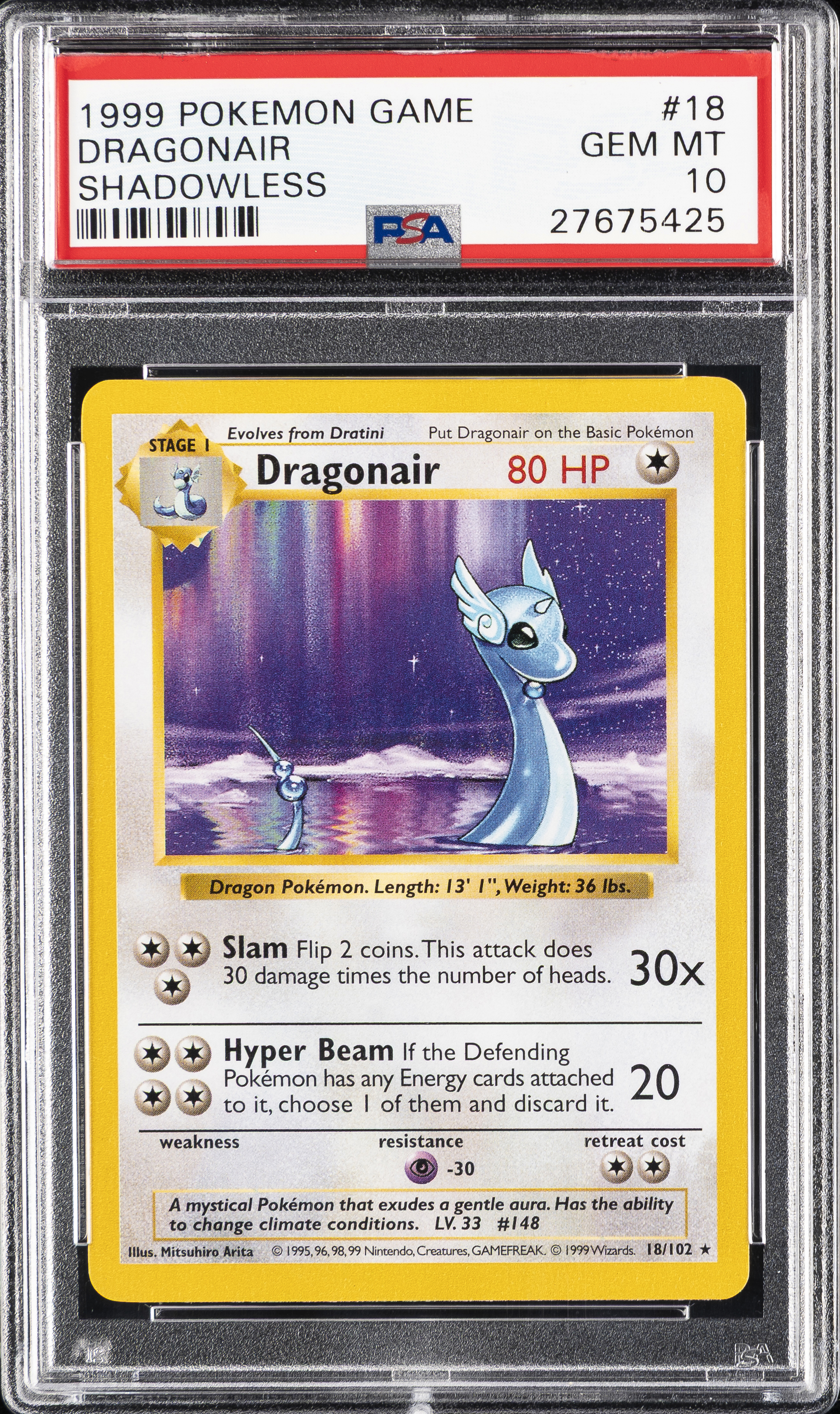 1999 #18 Dragonair Shadowless PSA 10 Game Pokemon