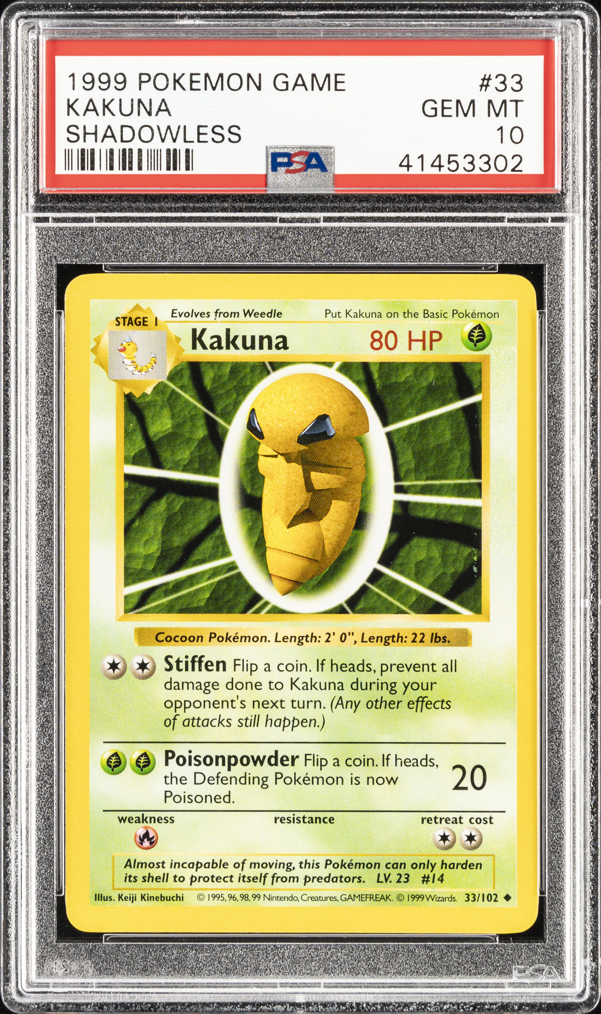 1999 Pokemon Game Shadowless #33 Kakuna – PSA GEM MT 10